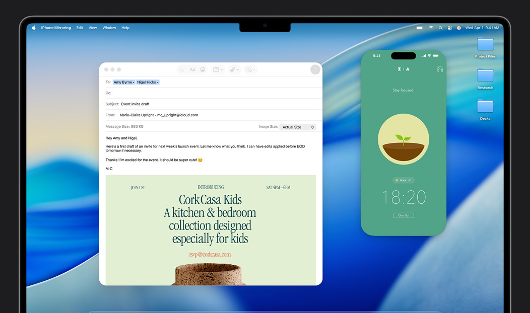 Mail-appen er åpen på MacBook Pro, Forest-appen på iPhone-skjermen vises på MacBook Pro-skjermen.
