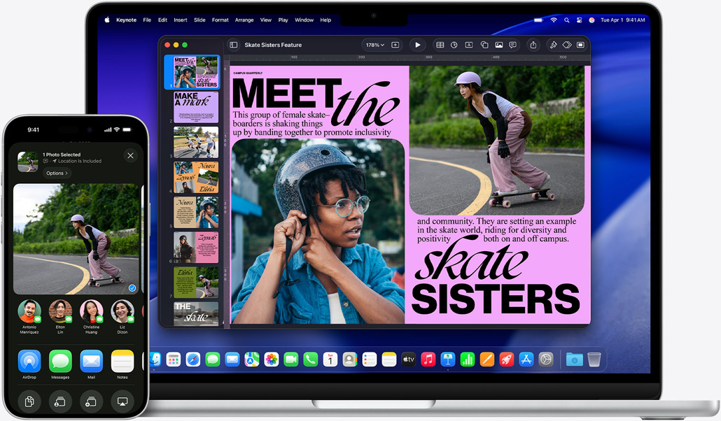 iPhone 16 Plus con la app Fotos abierta, MacBook Air de 13 pulgadas con una diapositiva de Keynote abierta, se muestra la misma foto que en el iPhone