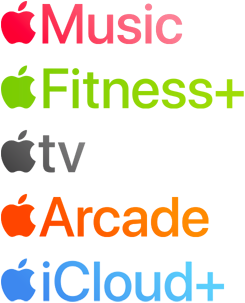 Una lista de servicios de Apple: Apple Music, Apple Fitness Plus, Apple TV, Apple Arcade y Apple iCloud Plus