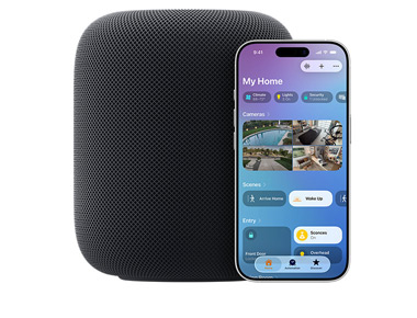 En HomePod i midnatt med en iPhone som visar gränssnittet Mitt hem i appen Hem