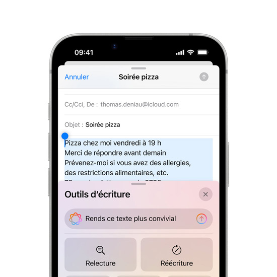 Vue partielle de l’écran d’un iPhone 16e montrant les capacités des Outils d’écriture Apple Intelligence.