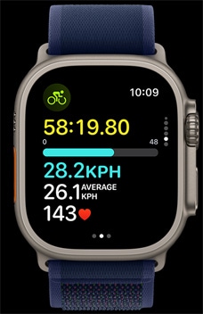 Ένα Apple Watch Ultra 2 που δείχνει πόσο γρήγορα οδηγεί κάποιος το ποδήλατό του.