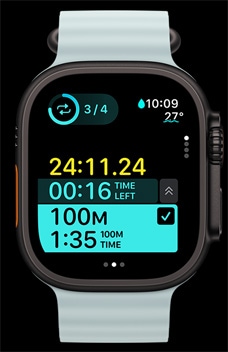 Ένα Apple Watch Ultra 2 που δείχνει ένα χρονομετρημένο διάστημα άσκησης ως μέρος των Προσαρμοσμένων Προπονήσεων.
