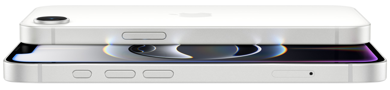iPhone 16e σε λευκό χρώμα με επικάλυψη που δείχνει την πλαϊνή όψη της κάμερας, την οθόνη Retina, το κουμπί Ενέργειας και το πλαϊνό κουμπί.