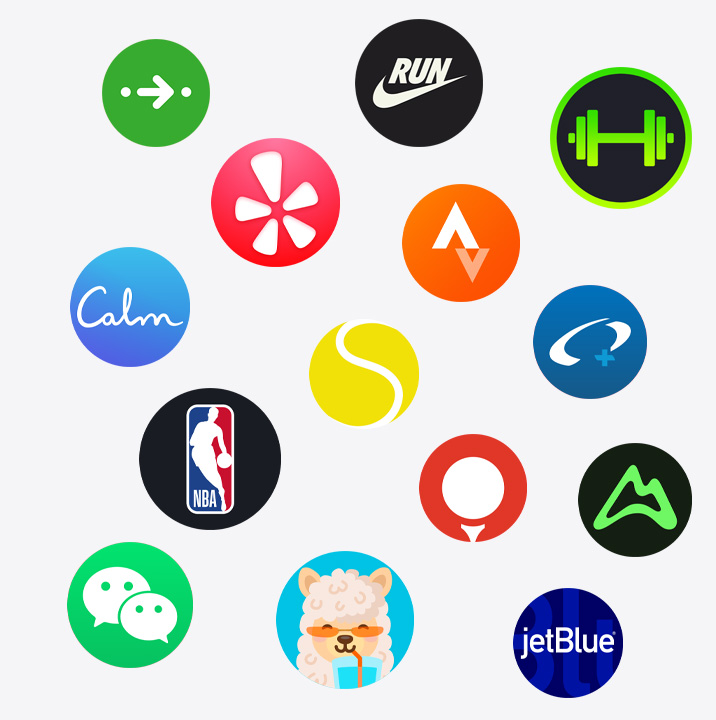 Εικονίδια app Apple Watch: ChargePoint, Yelp, Nike Run Club, SmartGym, Calm, NBA, SwingVision, Oceanic+, WeChat, Waterllama, Golfshot, JetBlue, AllTrails