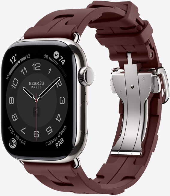Apple Watch Hermès Series 11，採用銀色鈦金屬錶殼，配搭 Bordeaux 酒紅色 Kilim 錶帶，銀色金屬錶扣可快速卸除