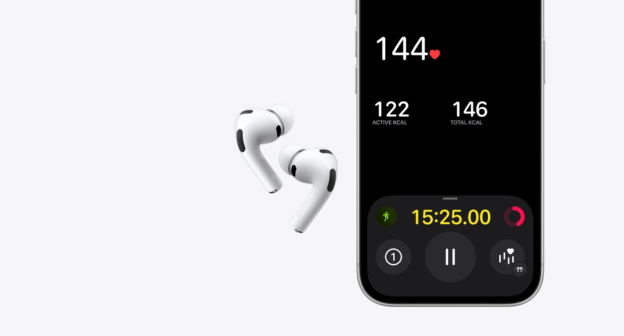 AirPods Pro 3, white color, lower half of iPhone 17 Pro screen, Fitness app, heart rate sensing feature