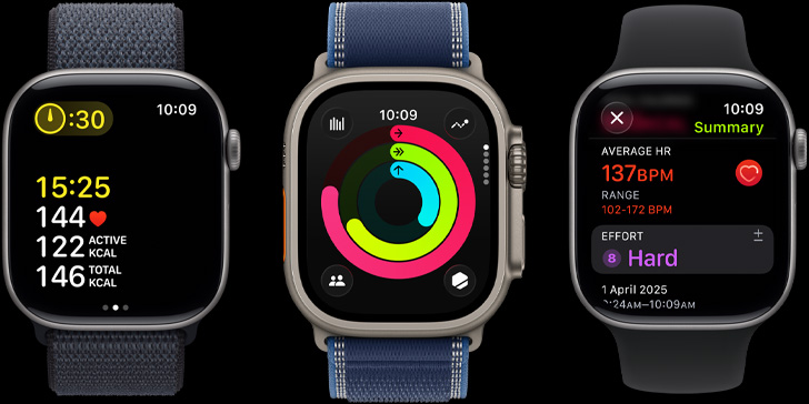 Three Apple Watch devices with workout metrics, Activity rings, and post-workout insights on screen