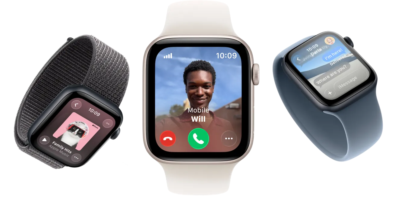 Apple Watch SE 3 devices, aluminum cases, starlight and midnight colors, Sport Loop, dark gray color, Solo Loop, light blush color, Solo Loop, anchor blue color, screens: Apple Music, incoming call, Messages