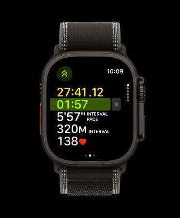 Apple Watch Ultra 3, black color, titanium case, Action button triggers next interval in Workout