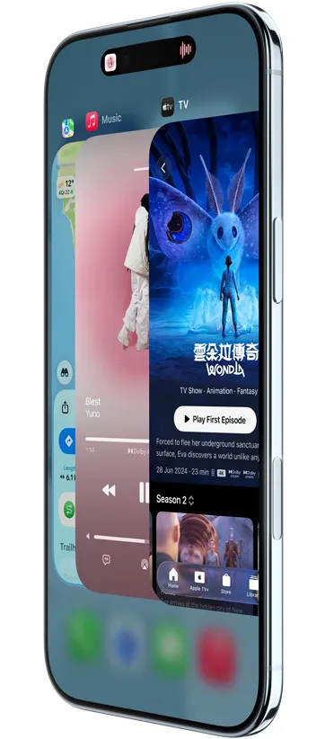iPhone Air, front exterior, side exterior, with Maps, Music, and Apple TV+ apps, showcasing the App Switcher feature in use