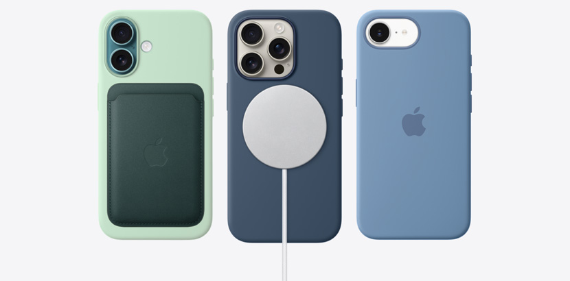 iPhone 16e and iPhone 16 lineup with accessories like various silicone cases. 20W USB-C Power Adapter, 60W USB-C Charge Cable and MagSafe Charger.