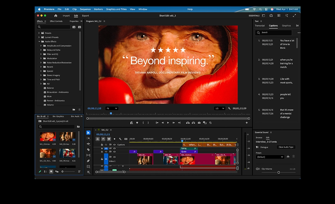 MacBook Pro screen showing a film being edited in Adobe Premiere