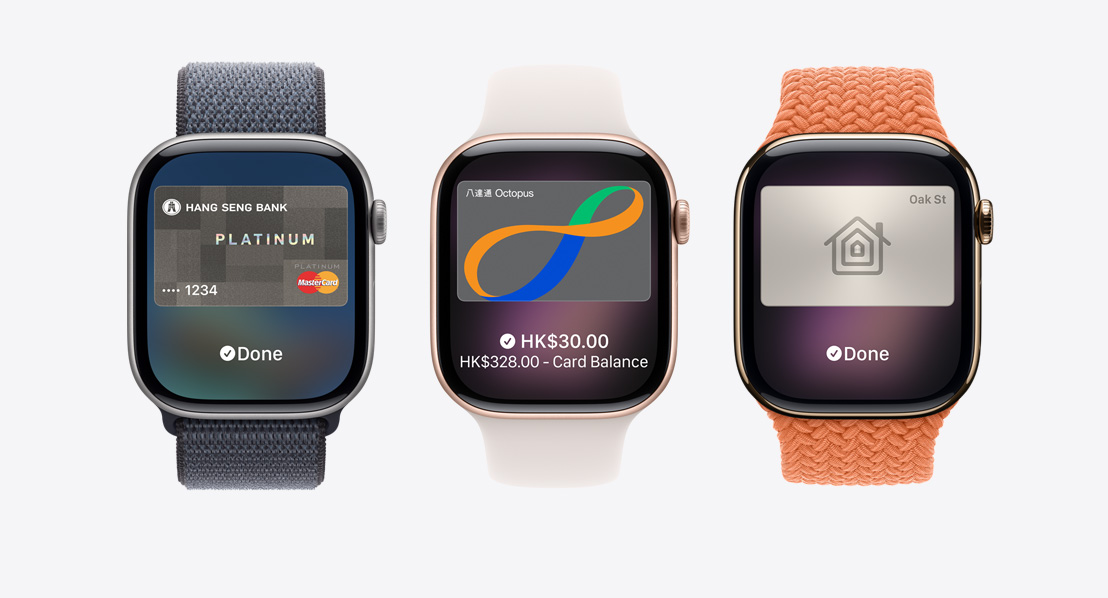 Apple Watch Series 11 devices, aluminum and titanium cases, silver, rose gold and gold colors, Apple Pay screen, Apple Card, Apple Wallet, Transit Card, home key card, Bands: Sport Loop, anchor blue color, Sport Band, light blush color, Braided Solo Loop, turmeric color