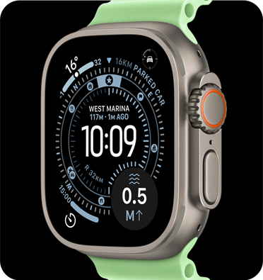 Apple Watch Ultra 3, natural color, titanium case, Orienteering watch face, complications: weather, parked car location, satellite, and distance to surface, right side exterior, Digital Crown, microphone, side button, Ocean Band, neon green color