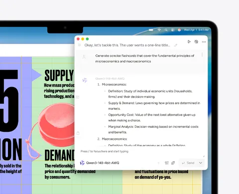 MacBook Air 螢幕顯示以 Apple Intelligence 書寫工具製作關於微觀和宏觀經濟學的學習卡