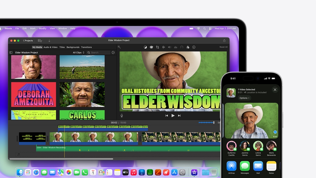 Na MacBooku Neo u srebrnoj boji otvoren je prozor s iMovie naslovom Elder Wisdom Project, a pored njega nalazi se iPhone na kojem se prikazuje videozapis s jednim od likova iz iMovie prozora. Ispod vidozapisa nalaze se opcije dijeljenja, uključujući i AirDrop