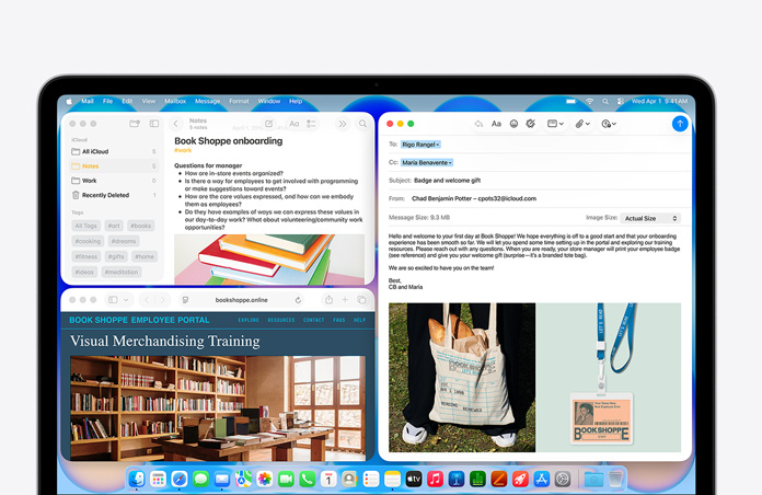 Prikaz MacBooka Neo u indigo boji, na čijem se zaslonu nalazi e-mail dobrodošlice novom zaposleniku knjižare; na drugim nanizanim prozorima prikazani su dokument iz aplikacije bilješke s uputama za proces uključivanja novog zaposlenika te internetski portal za zaposlenike knjižare, otvoren u Safariju