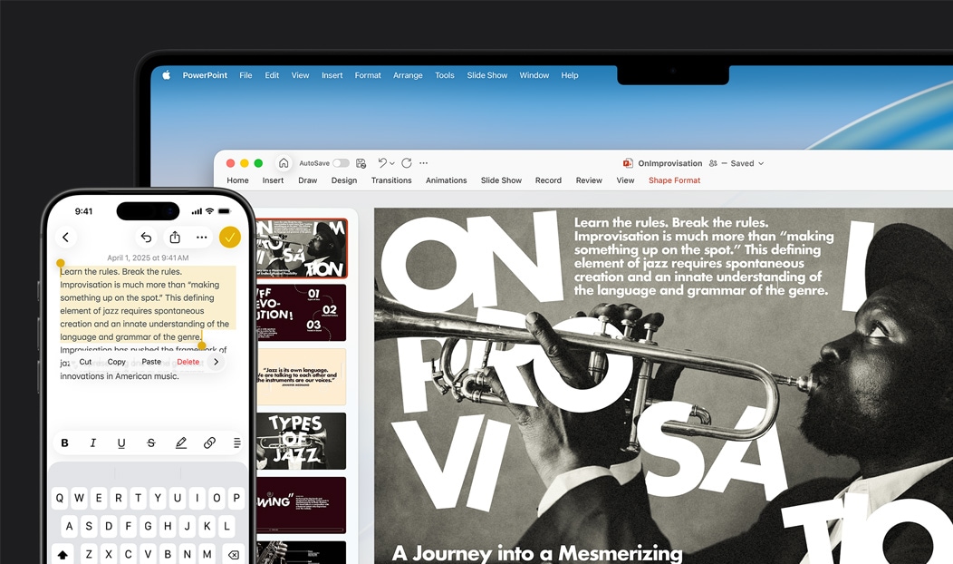 Egy iPhone 16 Pluson szöveg van kiemelve a Jegyzetek appban, egy Macbook Prón pedig meg van nyitva egy Keynote-dia, amelyen látható a Jegyzetekben kijelölt szöveg

