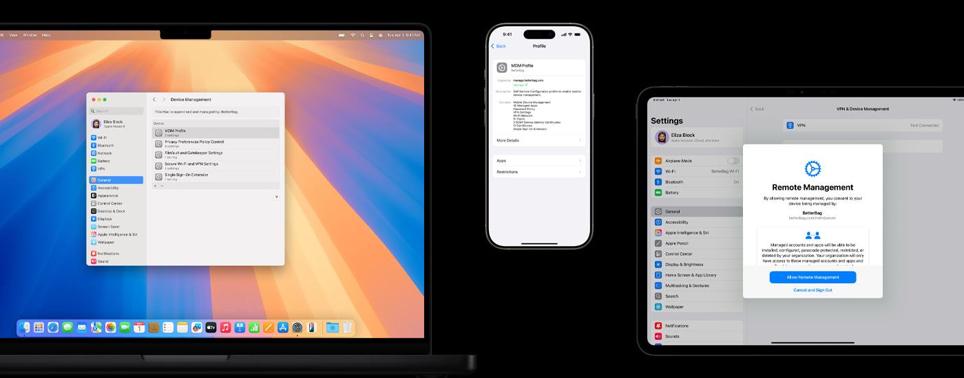 Mac dan iPad yang memperlihatkan jendela Manajemen Jarak Jauh. iPhone memperlihatkan pengaturan profil MDM.