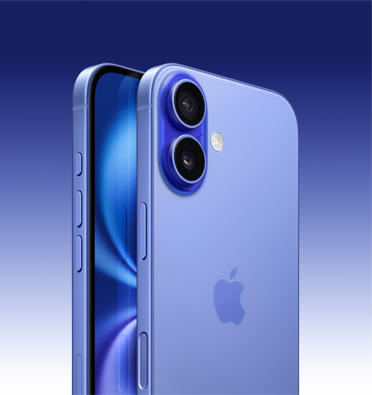 iPhone 16 warna Biru Laut Ultra yang memperlihatkan sebagian layar dan tampak samping dengan tombol Tindakan, tombol volume, dan tombol samping. Eksterior belakang menampilkan sistem kamera ganda canggih di sudut kiri atas.