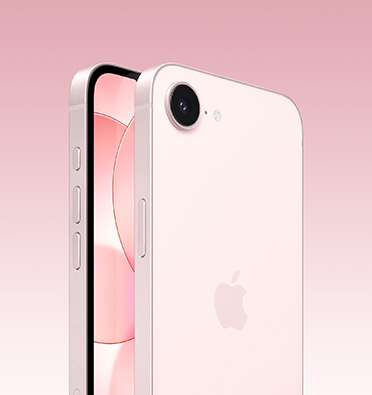 Bagian depan dan belakang iPhone 17e berwarna pink lembut, sebagian layar depan, bagian belakang penuh dengan logo Apple dan kamera tunggal, bagian samping menampilkan tombol Tindakan, volume, dan samping.