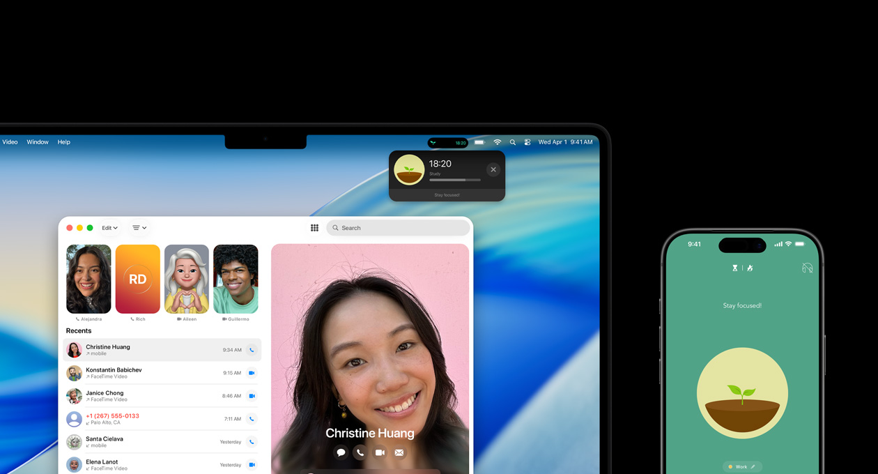 MacBook Pro dan iPhone tampak berdampingan, layar MacBook Pro menampilkan aplikasi Telepon dan Aktivitas Langsung dari aplikasi Forest, iPhone menampilkan aplikasi Forest