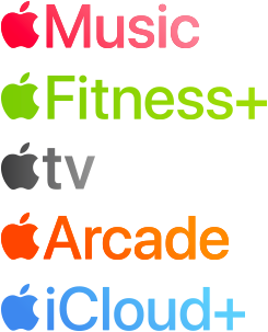 A list of Apple services: Apple Music, Apple Fitness Plus, Apple TV Plus, Apple News Plus, Apple Arcade, and Apple iCloud Plus