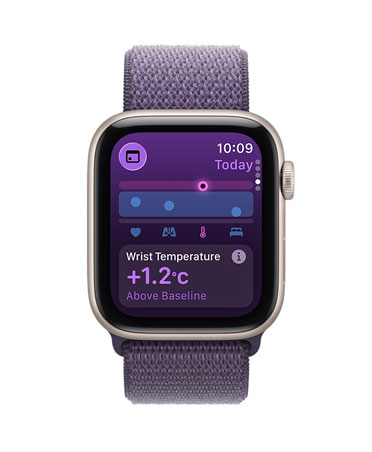 Apple Watch SE 3, aluminium case, starlight colour, wrist temperature metrics, right side exterior, Digital Crown, Sport Loop, purple fog colour