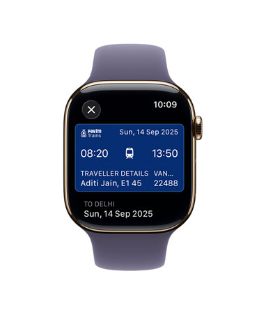 Apple Watch Series 11, gold colour, titanium case, Apple Pay, right side exterior, Digital Crown, purple fog Sport Band