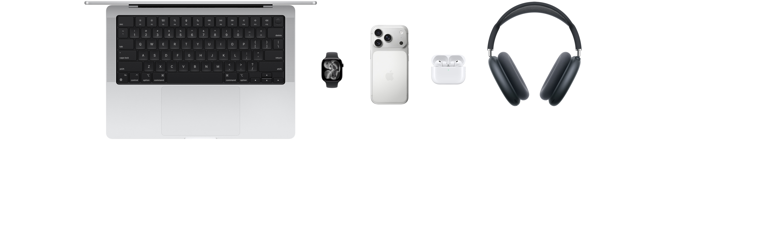 Various Apple products, including a MacBook, an Apple Watch Series 10, an iPhone 16 Pro, AirPods 4, AirPods Max an Apple Pencil Pro and an iPad Pro