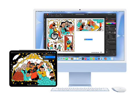 A bold and playful illustration displayed on an iPad and iMac monitor. On the iMac, the illustration is within a creative application.