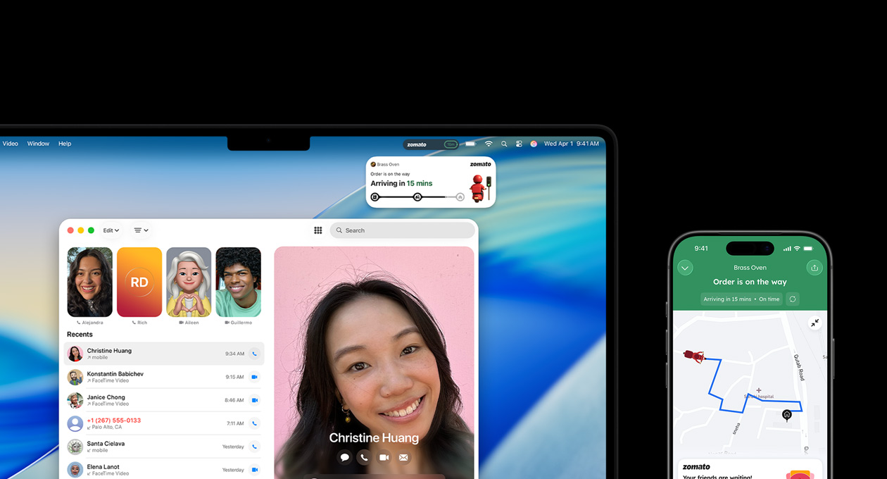 A MacBook Pro and iPhone side by side, MacBook Pro screen displays the Phone app and Live Activities from the Uber app, iPhone shows the Uber app