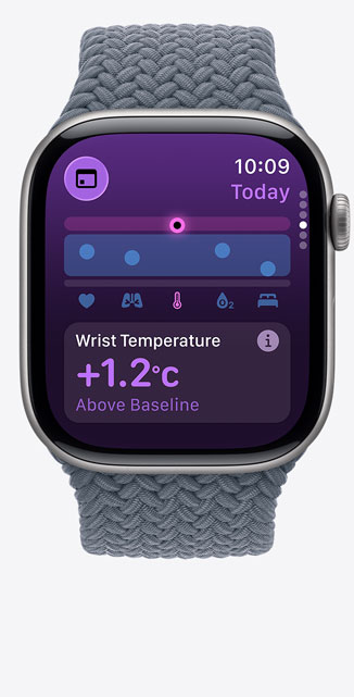 Apple Watch Series 11, aluminium case, space grey colour, Vitals app, chart scoring health, wrist temperature above baseline notification, right side, Digital Crown, anchor blue Braided Solo Loop