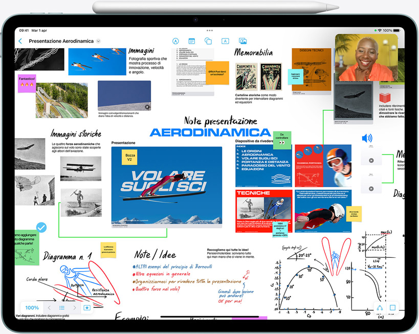 Un iPad Air con l’app Freeform e una chiamata FaceTime sullo schermo