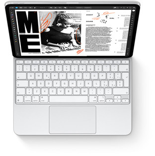 Un iPad Pro mostrato dall’alto con una Magic Keyboard per iPad Pro bianca.