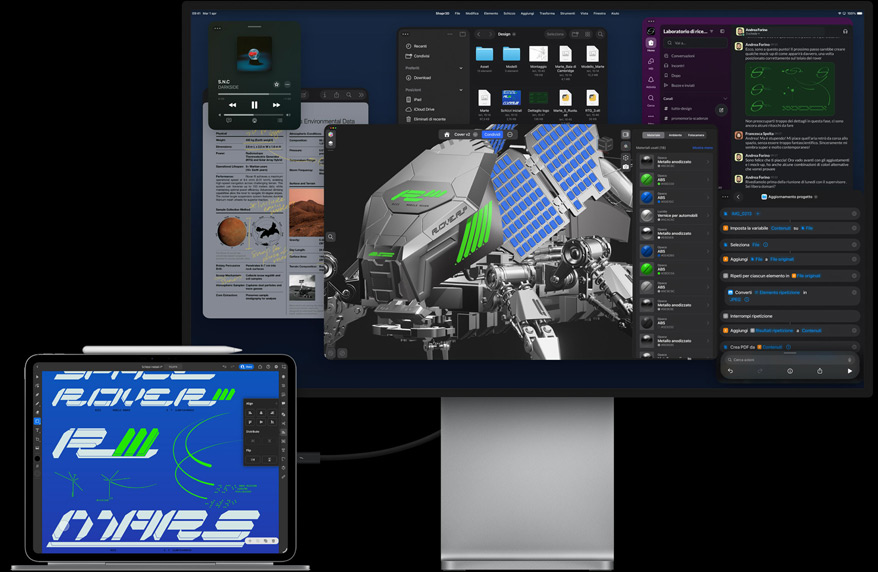 Un iPad Pro mostrato di fronte e agganciato a una Magic Keyboard, entrambi collegati a uno Studio Display esterno, il display dell’iPad Pro mostra un’app di grafica con colori vivaci e testo, sullo Studio Display sono aperte varie app e un modello 3D