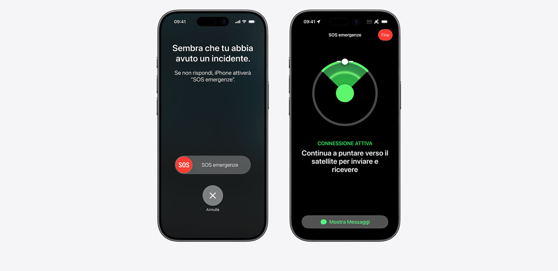 Side-by-side, iPhone screen showing Messages, Find My, Roadside Assistance widgets available via Satellite, iPhone screen showing Emergency SOS in use, iPhone screen showing Roadside Assistance in use