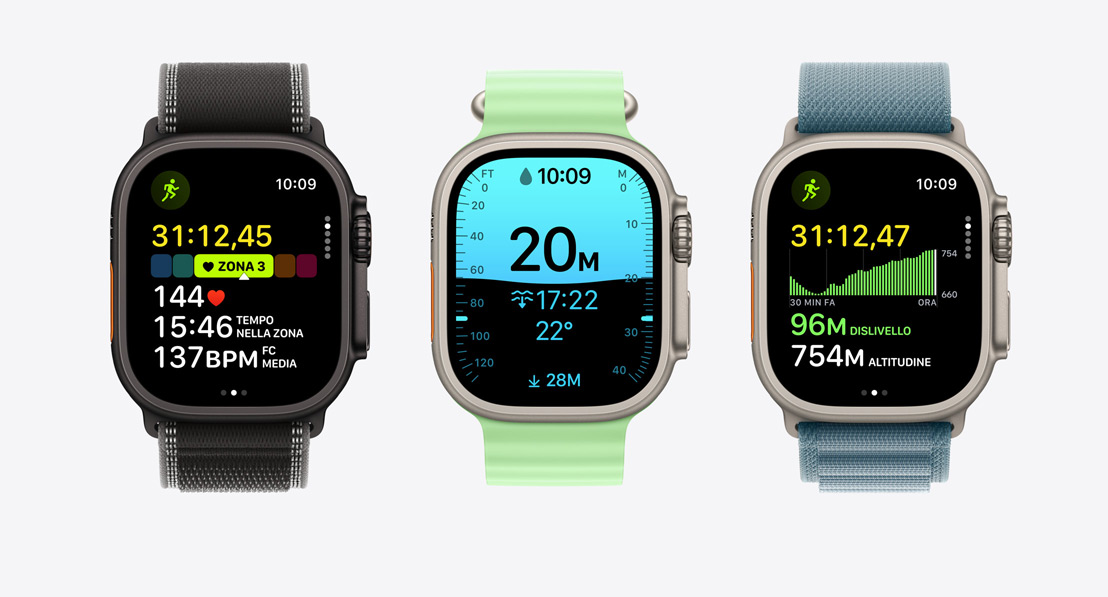 Apple Watch Ultra 3 con schermate dell’app Allenamento: corsa, immersione, bici