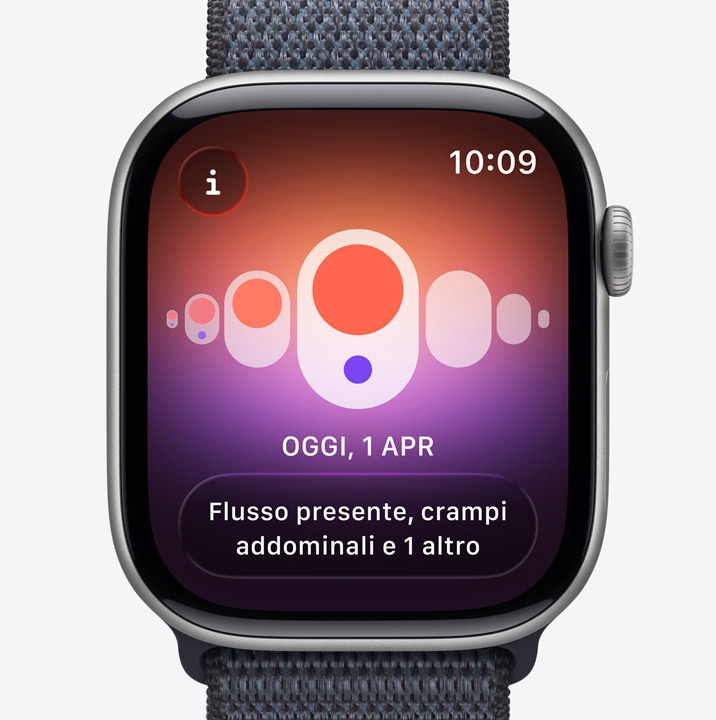 Apple Watch Series 11, cassa in alluminio grigio siderale, notifica con data dell’ovulazione stimata dalla funzione Monitoraggio ciclo nell’app Salute, Digital Crown, cinturino Sport Loop grigio scuro