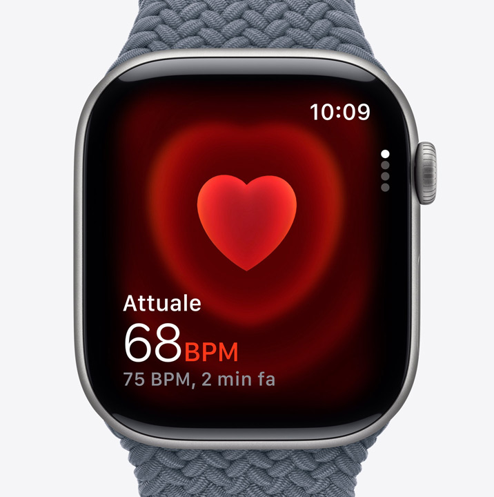 Apple Watch Series 11, cassa in alluminio grigio siderale, app Battito, pulsazioni attuali al minuto