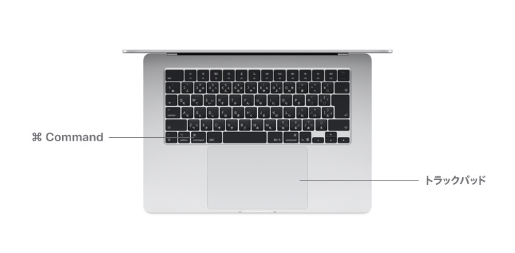 M4搭載MacBook Airのデスクビュー。Commandキーボタンとトラックパッドが示されている