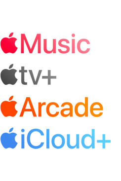 Apple Music, Apple TV+, Apple Arcade, iCloud+를 포함한 Apple 구독 서비스 로고타입