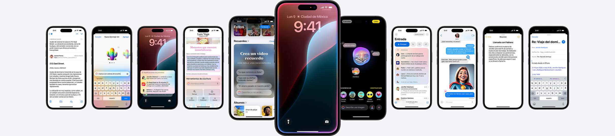 Imagen estática de varios iPhone que muestran funcionalidades de Apple Intelligence.
