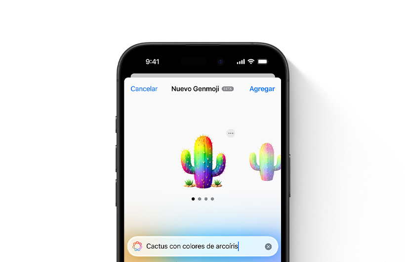 Vista previa de un Genmoji personalizado según la descripción "cactus de arcoiris"