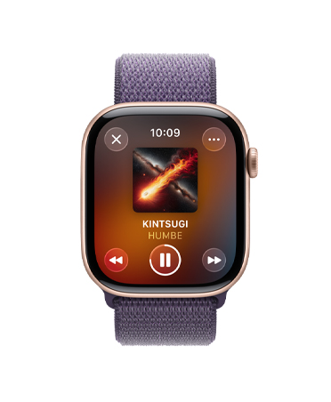 Apple Watch Series 11, color oro rosa, caja de aluminio, Apple Music, sugerencias de música y podcasts, parte lateral derecha, Digital Crown, correa loop deportiva morado niebla