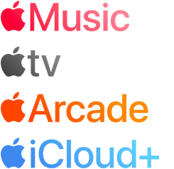 Apple subscription services logotypes including Apple Music, Apple TV, Apple Arcade, iCloud+