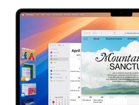 Multiple windows and apps displayed on a screen including Keynote, Pages, Mail, and a website featuring content about a serene sanctuary.