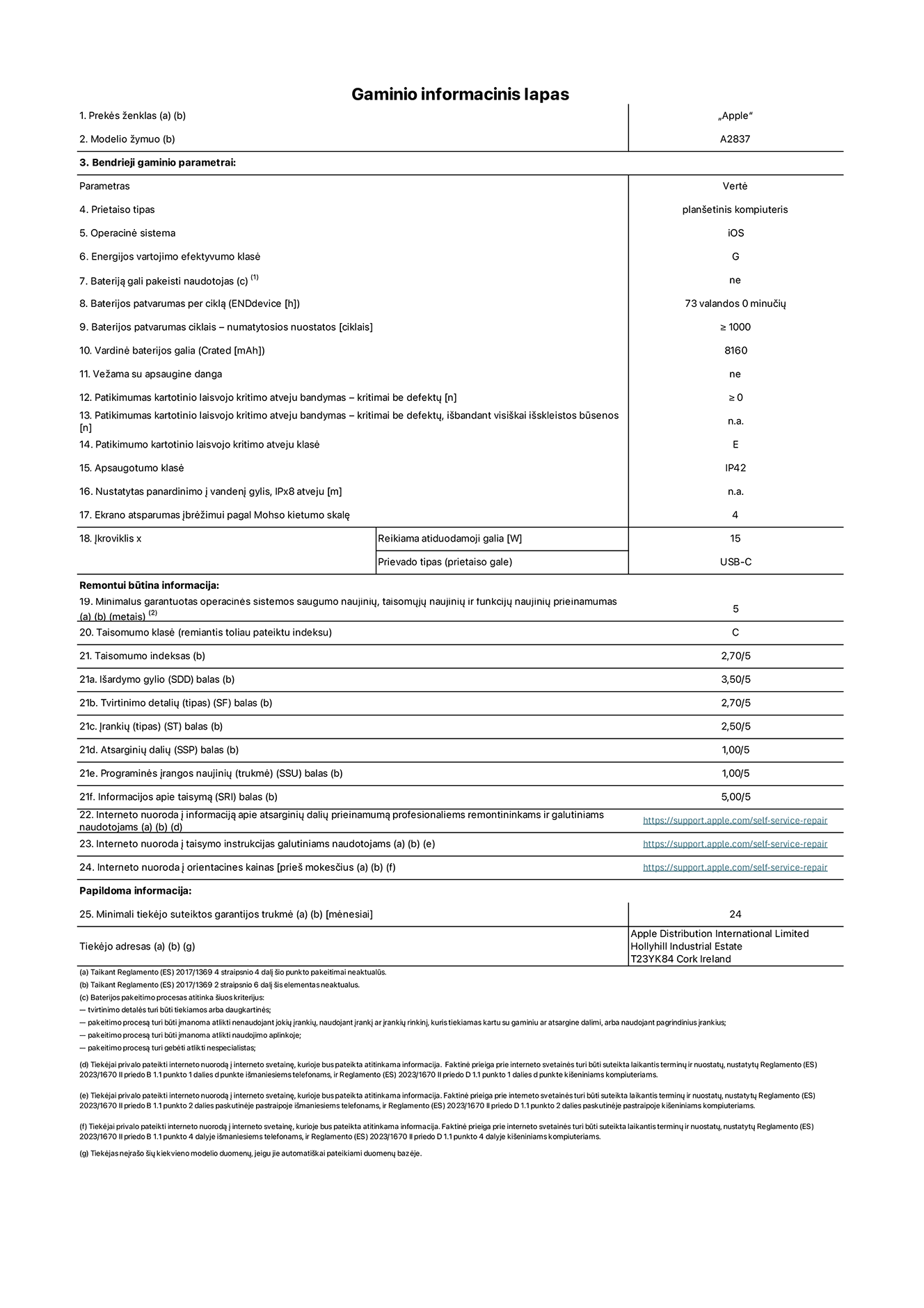 Gaminio informacinis lapas, 11 colių „iPad Pro Wi-Fi + Cellular“, modelis A2837. Pateikė „Apple Distribution International Ltd“, „Hollyhill Industrial Estate“. Korkas, Airija T23 YK84. Prietaiso tipas: planšetinis kompiuteris. Operacinė sistema: „iOS“. Energijos vartojimo efektyvumo klasė: G. Bateriją gali pakeisti naudotojas: ne. Baterijos patvarumas: 73 valandos. Baterijos patvarumas ciklais: ≥ 1 000. Vardinė baterijos galia: 8 160 mAh. Patikimumo testas kartotinio laisvojo kritimo atveju – kritimai be defektų: ≥ 0. Patikimumo kartotinio laisvojo kritimo atveju klasė: E. Apsaugotumo klasė: IP42. Ekrano atsparumas įbrėžimui pagal Mohso kietumo skalę: 4. Įkroviklio reikiama atiduodamoji galia: 15 W. Įkroviklio prievado tipas: USB-C. Minimalus garantuotas operacinės sistemos saugumo naujinių, taisomųjų naujinių ir funkcijų naujinių prieinamumas: 5 metai. Taisomumo klasė: C. Taisomumo indeksas: 2,70/5. Išardymo gylio balas: 3,50/5. Tvirtinimo detalių balas: 2,70/5. Įrankių balas: 2,50/5. Atsarginių dalių balas: 1,00/5. Programinės įrangos naujinių balas: 1,00/5. Informacijos apie taisymą balas: 5,00/5. Interneto nuoroda į informaciją apie atsarginių dalių prieinamumą profesionaliems remontininkams ir galutiniams naudotojams: https://support.apple.com/self-service-repair. Interneto nuoroda į taisymo instrukcijas galutiniams naudotojams: https://support.apple.com/self-service-repair. Nuoroda į orientacines kainas prieš mokesčius: https://support.apple.com/self-service-repair. Siūloma 24 mėnesių bendroji garantija.