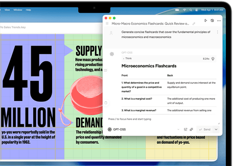 „MacBook Air“ ekranas, kuriame rodomi „Apple Intelligence“ rašymo įrankiai, naudojami kurti mokymo korteles apie mikroekonomiką ir makroekonomiką